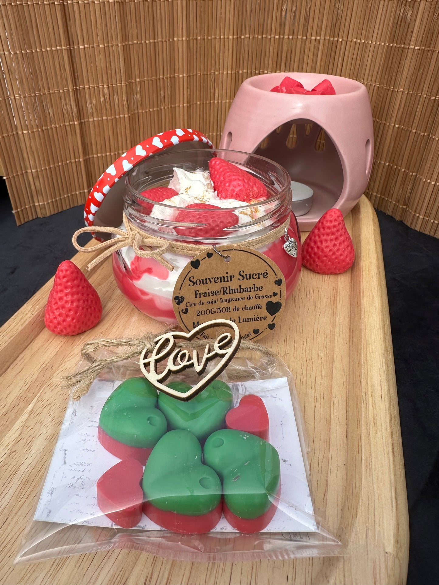 Coffret Souvenir sucré Bougie Parfumée Fraise Rhubarbe – Artisanale Cire Soja